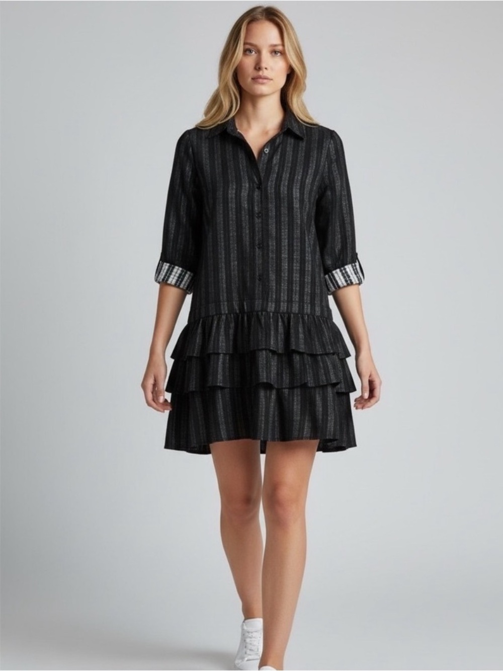 Theory Black Striped Ruffle Shirt Dress